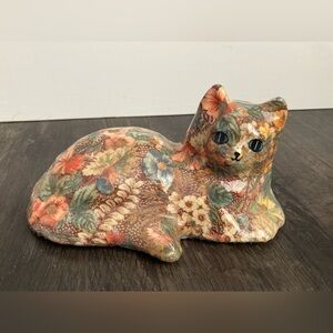 Vintage Ceramic Glazed Decoupage Cat Figurine Pink Green Brown Fall Colors